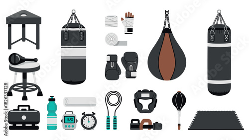 Boxing equipment collection for training and fitness design - punching bags, gloves, and protective gear