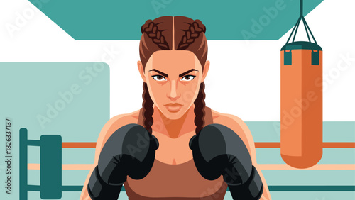 Determined female boxer training in gym setting for fitness and wellness designs