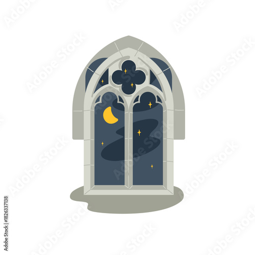 Gothic window vector illustration. Dark academia vibe arch castle window vector