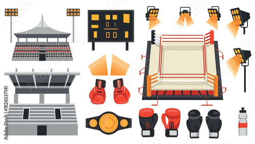 Boxing and wrestling arena elements with equipment for sports event design