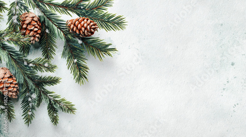 Fir branches and pine cones covered with snow on a white background for christmas decoration