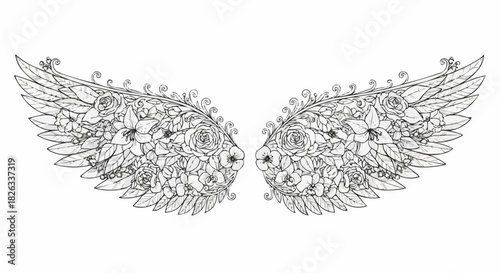 Detailed floral angel wings illustration delicate design elegant art.