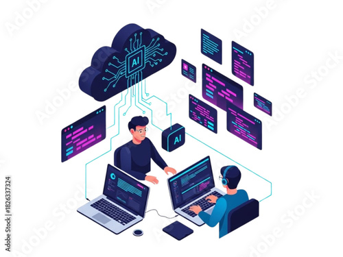 Innovating AI solutions together, developers collaborate in a modern cloud computing environment, fostering teamwork for groundbreaking technology advancements