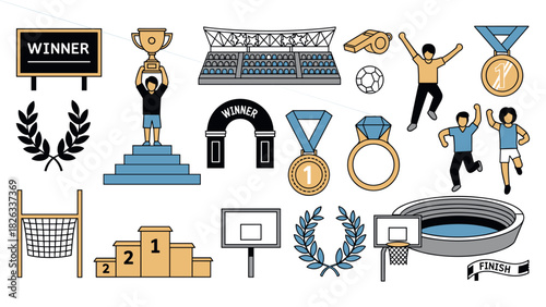 Sports competition icons for trophy presentation and victory celebration design