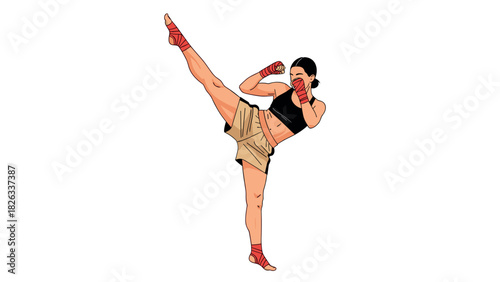 Dynamic martial arts training with female kickboxer illustration for sports designs