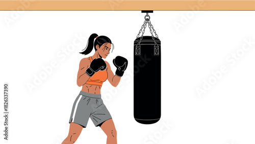 Female boxer training with punching bag for fitness and self defense concept illustration