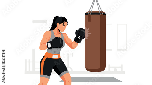 Female boxer training with punching bag in gym illustration for fitness design