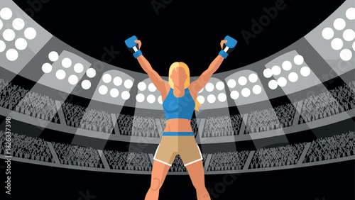 Female boxing champion celebrating victory in a stadium arena for sports design
