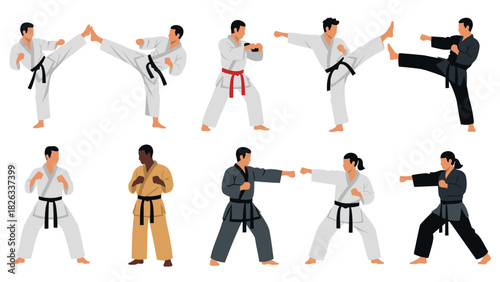 Martial arts practice with diverse karate techniques and uniforms for training design