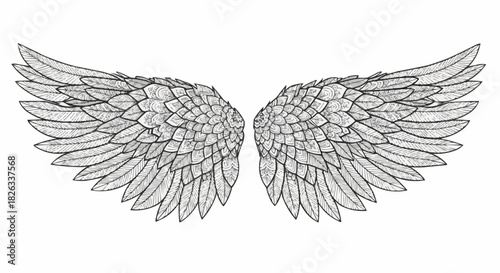 Detailed illustration of a pair of majestic angel wings.