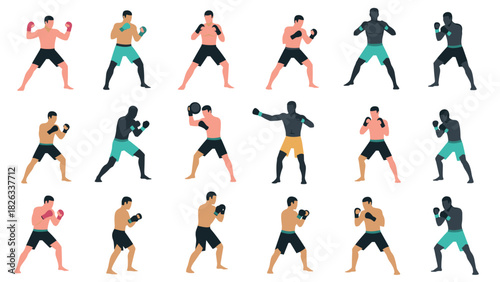 Mixed martial arts fighters in various poses for training and fitness design