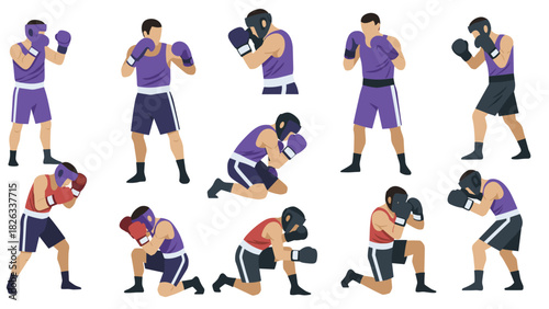 Boxing training sequence with athletes in protective gear for fitness and sports design