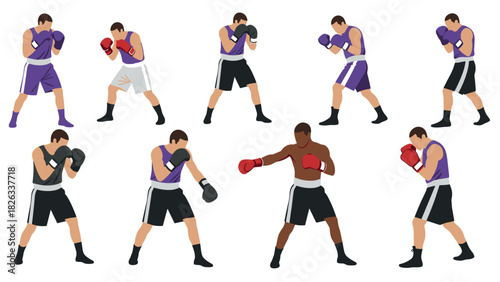 Diverse boxing poses set for fitness and sport design