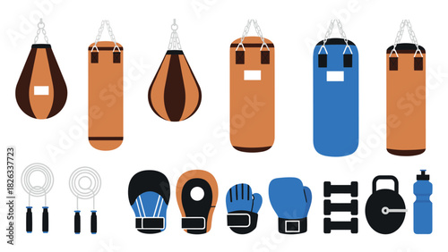 Boxing equipment collection: punching bags, gloves, and fitness gear for training design