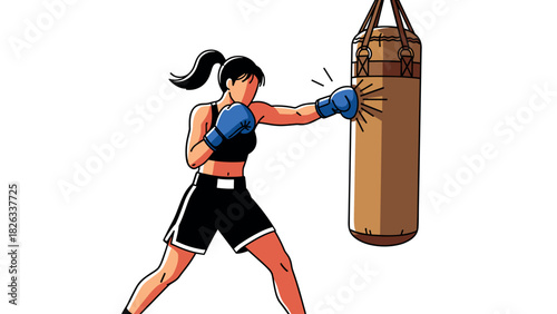 Female boxer training with punching bag illustration for fitness and sports design
