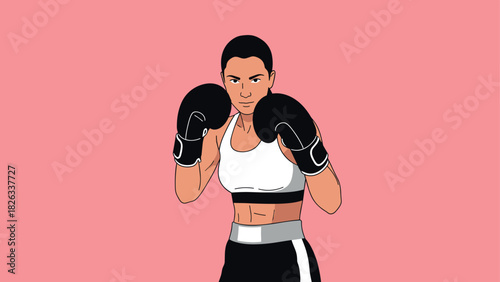 Female boxer in boxing stance on pink background for sports and fitness design