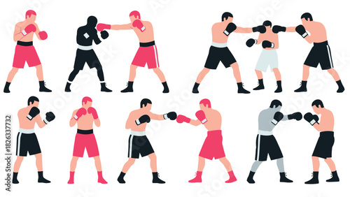 Boxing match illustrations set with fighters posing in action for sports design or training material