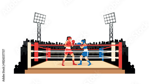 Boxing match in arena with audience and ring lights for sports event poster