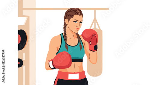 Female boxer with braided hair in gym with punching bag for fitness and sports training design