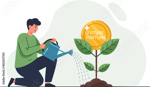 Man waters future fortune coin tree for growth concept
