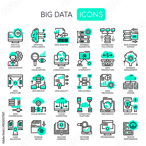 Big Data Line Icons – Data Analytics, Cloud Computing, Machine Learning, Database Technology Set