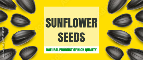A flyer featuring sunflower seeds on a yellow background and large font. Used in web design for advertising