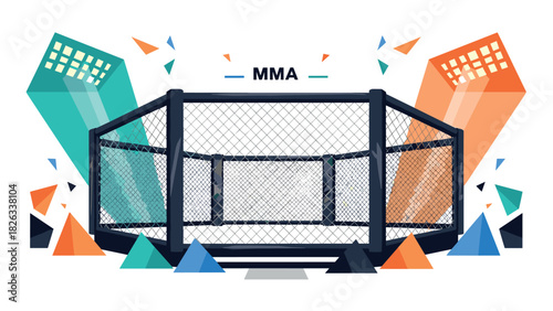 Mixed martial arts octagon arena with colorful geometric background for sports event design