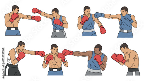 Boxing techniques illustration featuring diverse fighters in action poses for sports training and fitness design