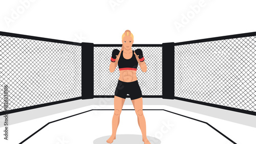 Female mixed martial arts fighter in cage arena ready for battle