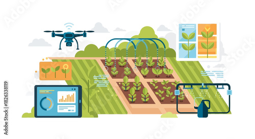 Smart farming concept with drone, tablet, and augmented reality for crop monitoring and agricultural technology.