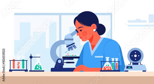 A scientist in a lab coat looks through a microscope, conducting research with various equipment.