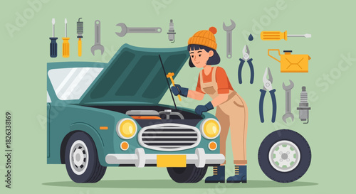Illustration of a mechanic working on a car engine with tools around.