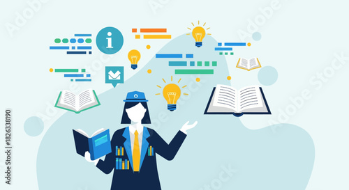 Illustration of a person surrounded by books, lightbulbs, and information icons, representing knowledge.