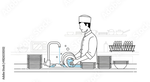 Minimalist line art illustration of a chef or kitchen worker washing dishes in a restaurant sink.
