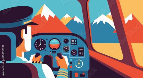 Illustration of a pilot in a cockpit, flying over a mountain range with a colorful sky.