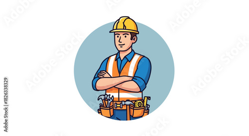 Cartoon illustration of a male construction worker or handyman wearing a yellow hard hat, orange safety vest, and a tool belt, standing with arms crossed.