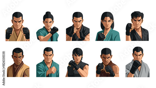 Diverse martial artists in combat poses for character design and digital art projects