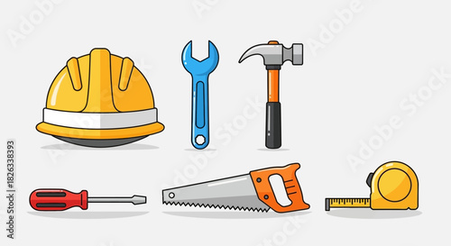 A collection of essential construction and DIY hand tools including a hard hat, wrench, hammer, screwdriver, saw, and measuring tape.