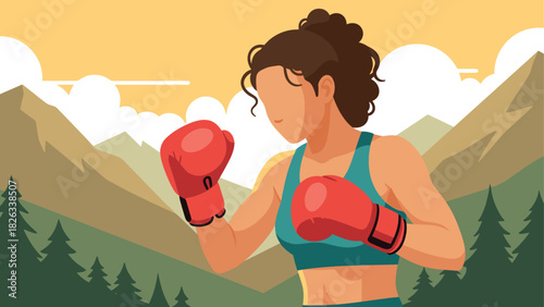 Boxing woman in mountain landscape for fitness motivation and outdoor adventure design