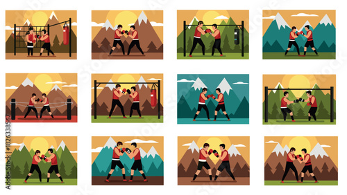 Mountain sunset boxing scenes for sports poster and fitness design