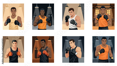 Diverse boxer illustrations in various poses for sports design and athletic projects