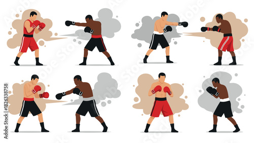 Boxing match illustration set with diverse fighters in red and black gear for sports design