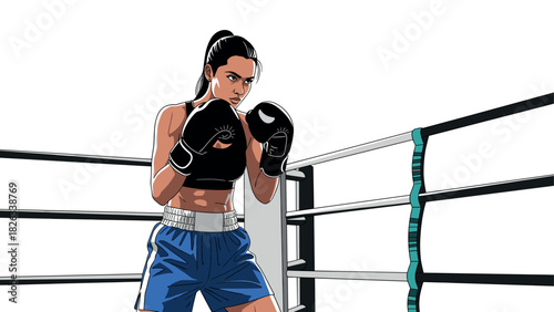 Female boxer in ring preparing for a fight - athletic sports illustration for fitness motivation