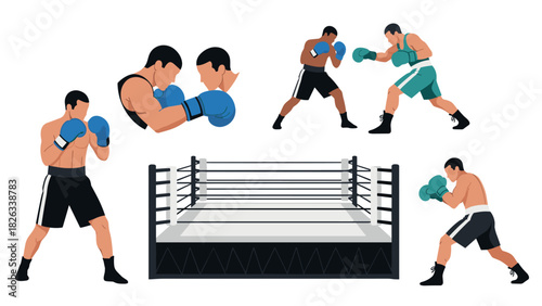 Boxing match illustrations with fighters and ring for sports design projects