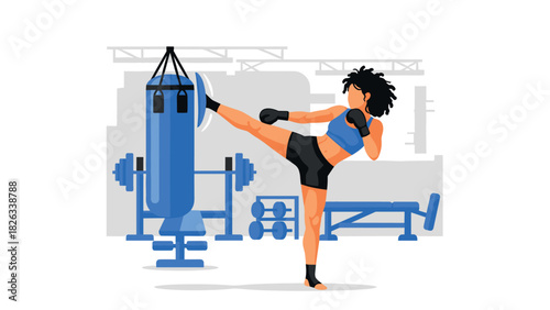 Female kickboxer training in gym with punching bag for fitness and strength building