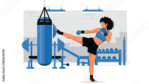 Athletic woman practicing kickboxing with punching bag in gym for fitness and strength training