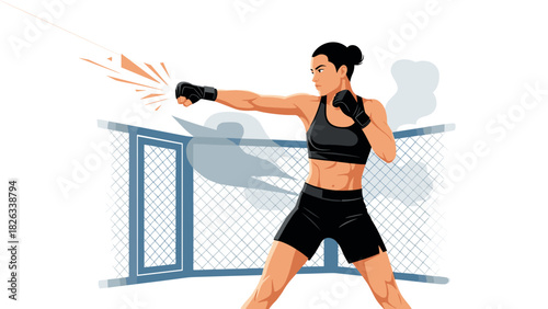 Female mma fighter training in cage arena illustration for sports apparel and motivational posters