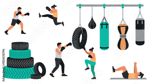 Boxing training and equipment set illustration for fitness and sports design