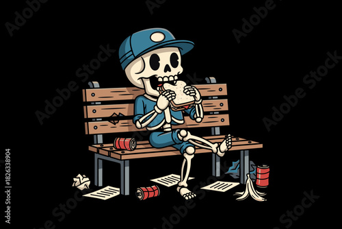 Skeleton character wearing a baseball cap and uniform eating a s