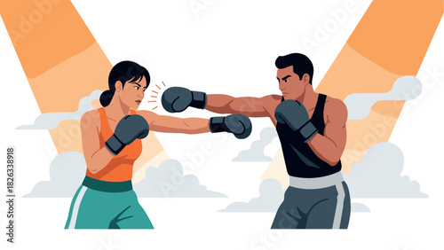 Intense boxing match between female and male fighters illustrating athletic competition and sportsmanship